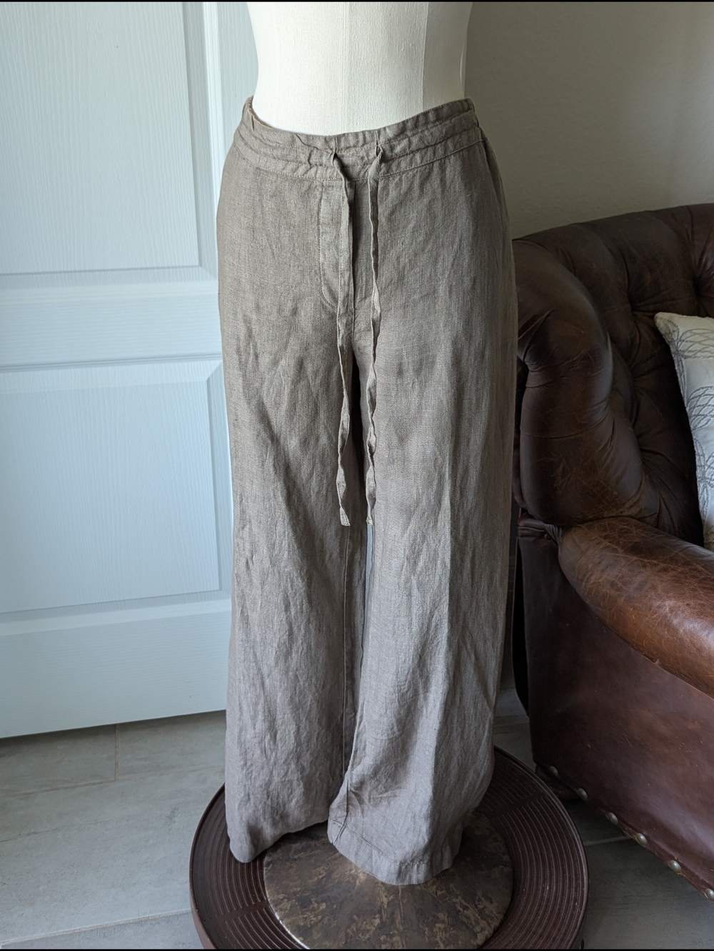 Wide-Leg Linen Pants in Taupe - Casual Drawstring Waist